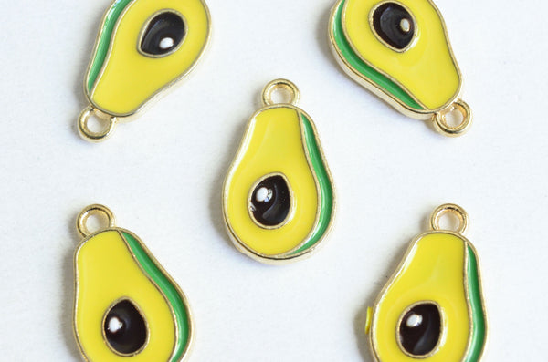 Avocado Charms, Yellow and Green Enamel, Gold Tone, 19mm x 11mm - 5 pieces (1287)