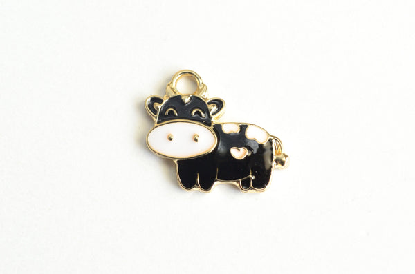 Cow Charms, Black White Enamel, Gold Toned Alloy Metal, 16mm x 20mm - 5  pieces (1310)