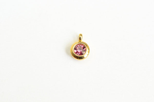 Pink Rhinestone Charms, Gold Toned Stainless Steel, 6.5 mm - 4 pieces (1267)