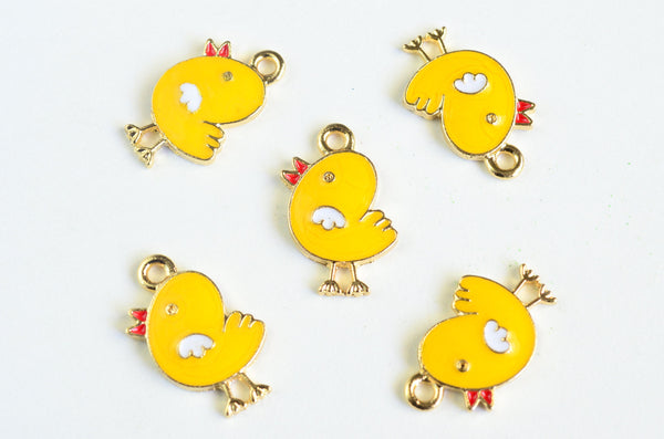Chick Charms, Yellow Enamel Baby Bird Pendant, Gold Toned, 20mm x 12mm - 4 pieces (1327)