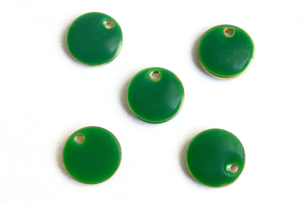 Green Round Charms, Enamel, Brass, 10mm - 5 pieces (1293)
