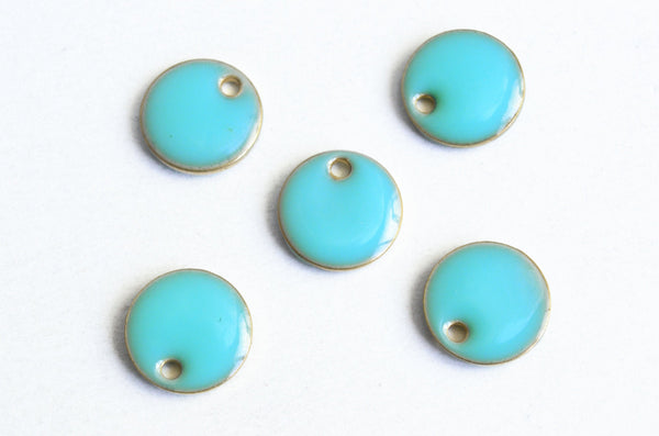 Round Turquoise Charms, Enamel, Brass, 10mm - 5 pieces (1294)
