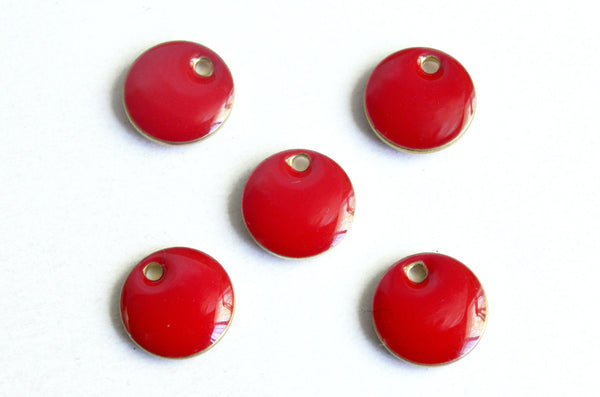 Round Red Charms, Enamel, Brass, 10mm - 5 pieces (1296)