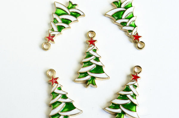 Green Tree Charm With Snow, Enamel Holiday Winter Pendant, Gold Tone, 27mm x 16mm - 4 pieces (1343)