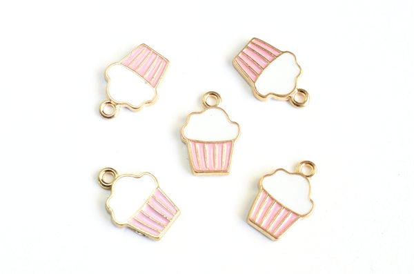 Cupcake Charms, Pink Enamel Dessert Pendants, 16mm x 10mm - 5 pieces (1312)
