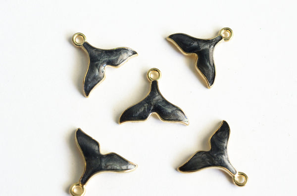Gray Whale Tail Charm, Pearl Enamel Gold Toned Metal Ocean Pendant, 15mm x 18mm - 5 pieces (1317)