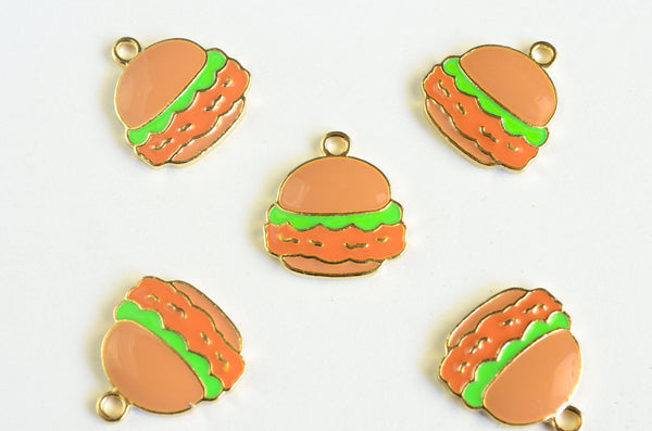 Hamburger Charms, Enamel Food Pendants, Gold Tone, 18mm x 17mm - 4 pieces (1333)