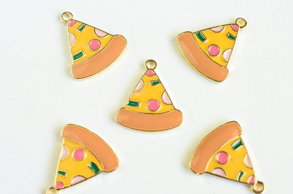 Pizza Charms, Enamel Food Pendants, Gold Toned, 19mm x 17mm - 4 pieces (1334)