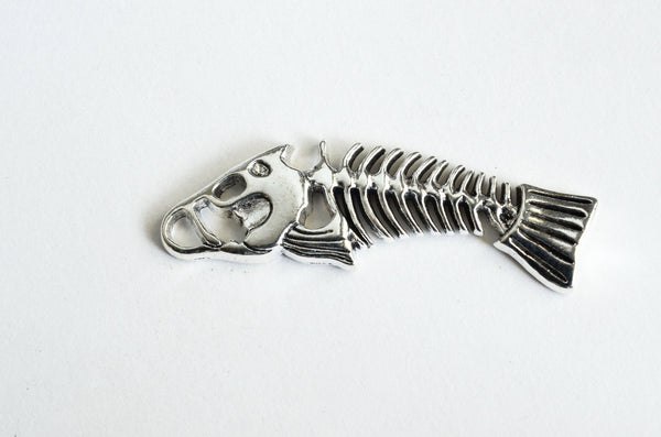 1 Fish Skeleton Pendant, Antique Silver Tone, 57mm x 18mm (SLC02)