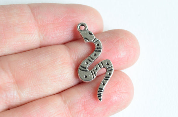 Snake Charms, Silver Toned Patterned Snake Pendants, 26mm x 11mm - 10 pieces (1418)
