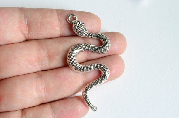 Large Snake Charms, Silver Tone Serpent Pendant, 2 1/8" x 1 1/16" - 4 pieces (1428)