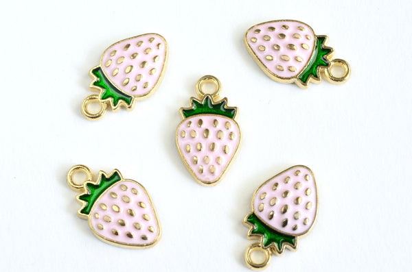 Strawberry Charm, Pink Enamel Fruit Pendant, 17mm x 10mm - 5 pieces (1401)