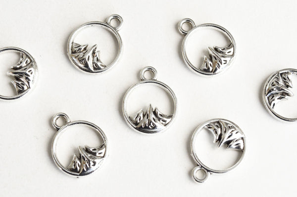 Mountain Charms, Silver Tone Small Round Pendants, 11mm - 10 pieces (1441)