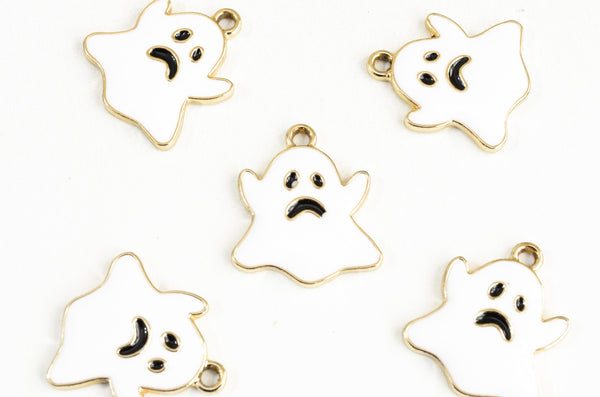 Ghost Charms, White Enamel Gold Toned, 20mm x 18mm - 4 pieces (938)