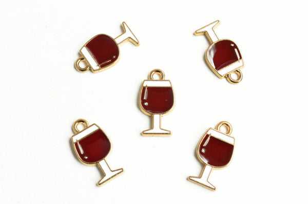 Wine Glass Charm, Red Enamel, Gold Toned Goblet Pendant, 17mm x 9mm - 5 pieces, (1484)