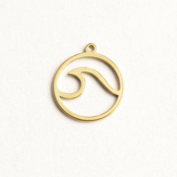 Ocean Wave Charm, Gold Tone Water Beach Pendant, Stainless Steel, 15mm - 5 pieces (1494)