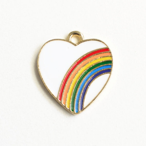 Rainbow Heart Charm, White Enamel Love Pendant, 20mm x 18mm - 4 pieces (1478)