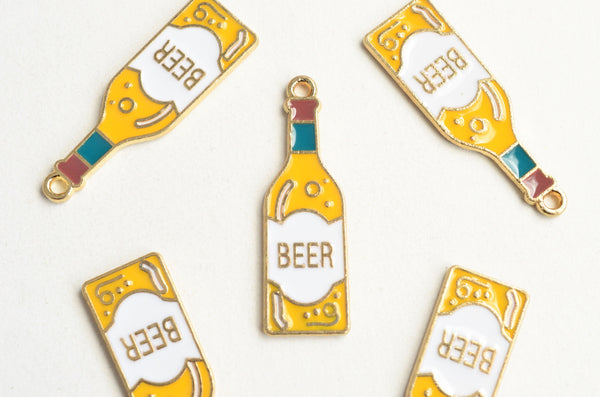 Beer Bottle Charms, Enamel Drink Charms, Gold Toned Plating, 34mm x 11mm - 5 pieces (1481)