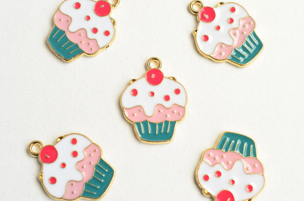 Cupcake Charms, Cherry Topped Desert, Pink and Teal Enamel, 22mm x 17mm - 5 pieces (1482)