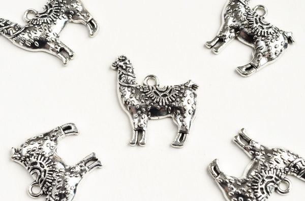 Llama Charms, Silver Tone Alpaca Pendants, 25mm x 24mm - 10 pieces (1514)