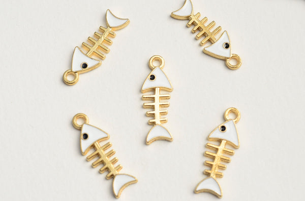 Fish Skeleton Charms, White Enamel, Gold Toned Fish Bone Pendants, 24mm x 7.5mm - 5 pieces (1516)