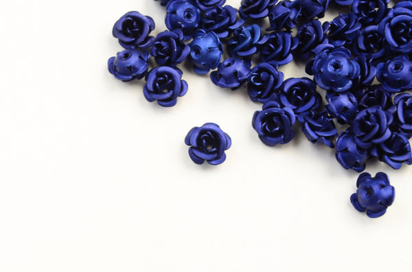 Tiny Dark Blue Aluminum Rose Beads,  Metal Flower Cabochons, 6mm x 4mm - 30 pieces (1525)