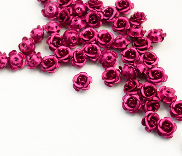 Tiny Dark Pink Aluminum Rose Beads,  Metal Flower Cabochons, 6mm x 4mm - 30 pieces (1526)