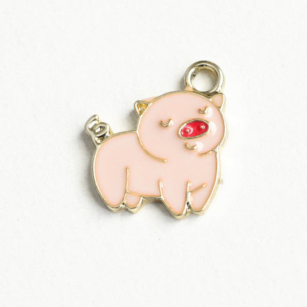 Pink Pig Charms, Gold Toned Enamel, 18mm x 15mm, 5 pieces (1576)